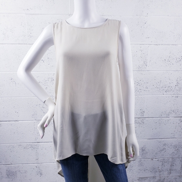 Eileen Fisher 100% Silk Georgette Crepe Sleeveless Tunic Beige Size Small - Picture 2 of 10